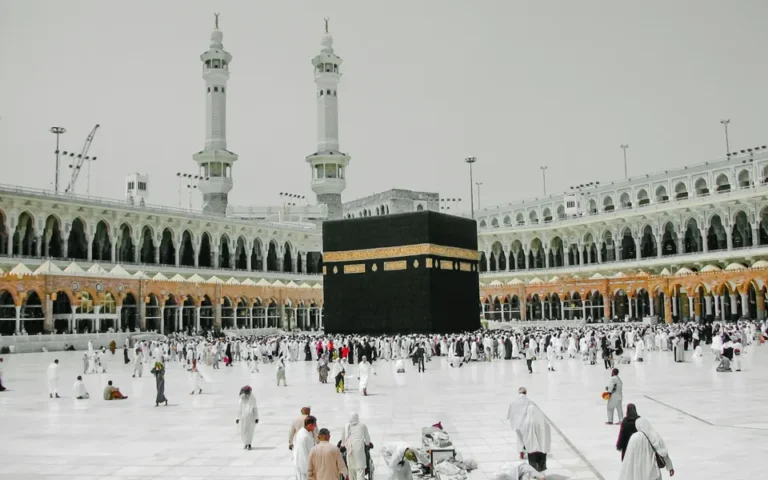 Pilgrims around the Kaaba at Masjid al-Haram in Mecca